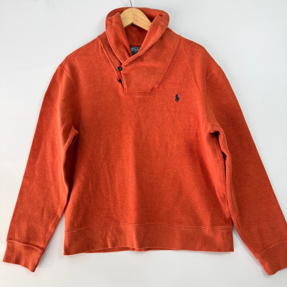 Vintage Polo Ralph Lauren‎ Mens L Shawl Collar Pullover Sweater Orange Cotton